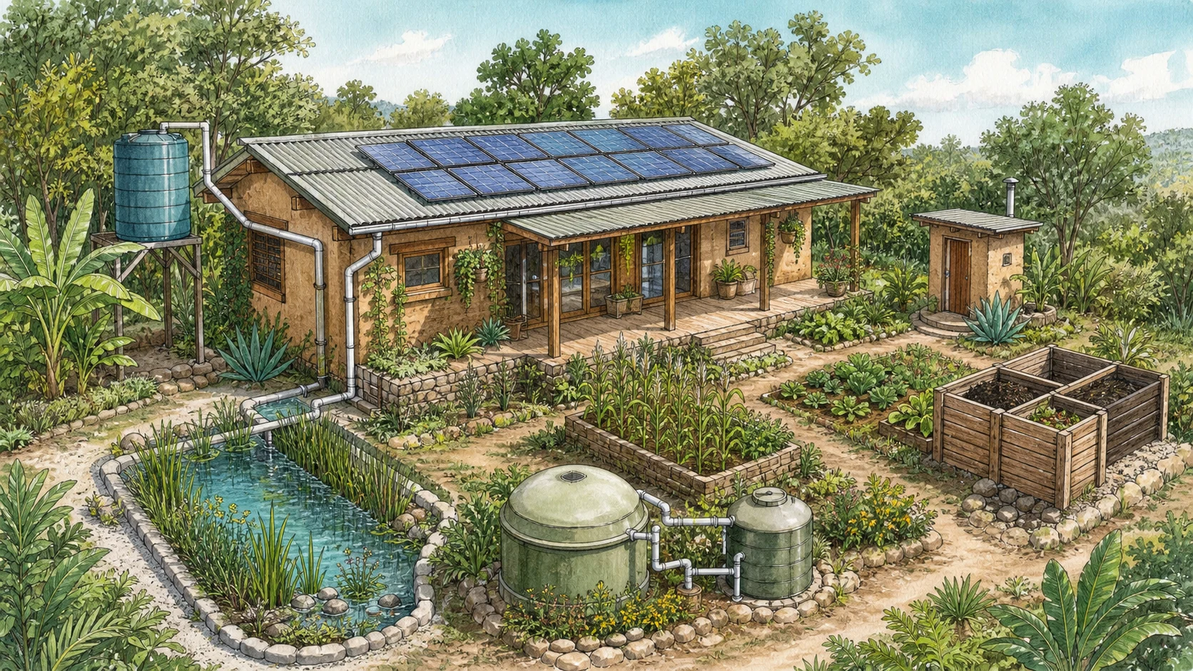 Vivienda regenerativa con captación de lluvia, paneles solares, sanitario seco, biofiltro, huerto, composta y biogás